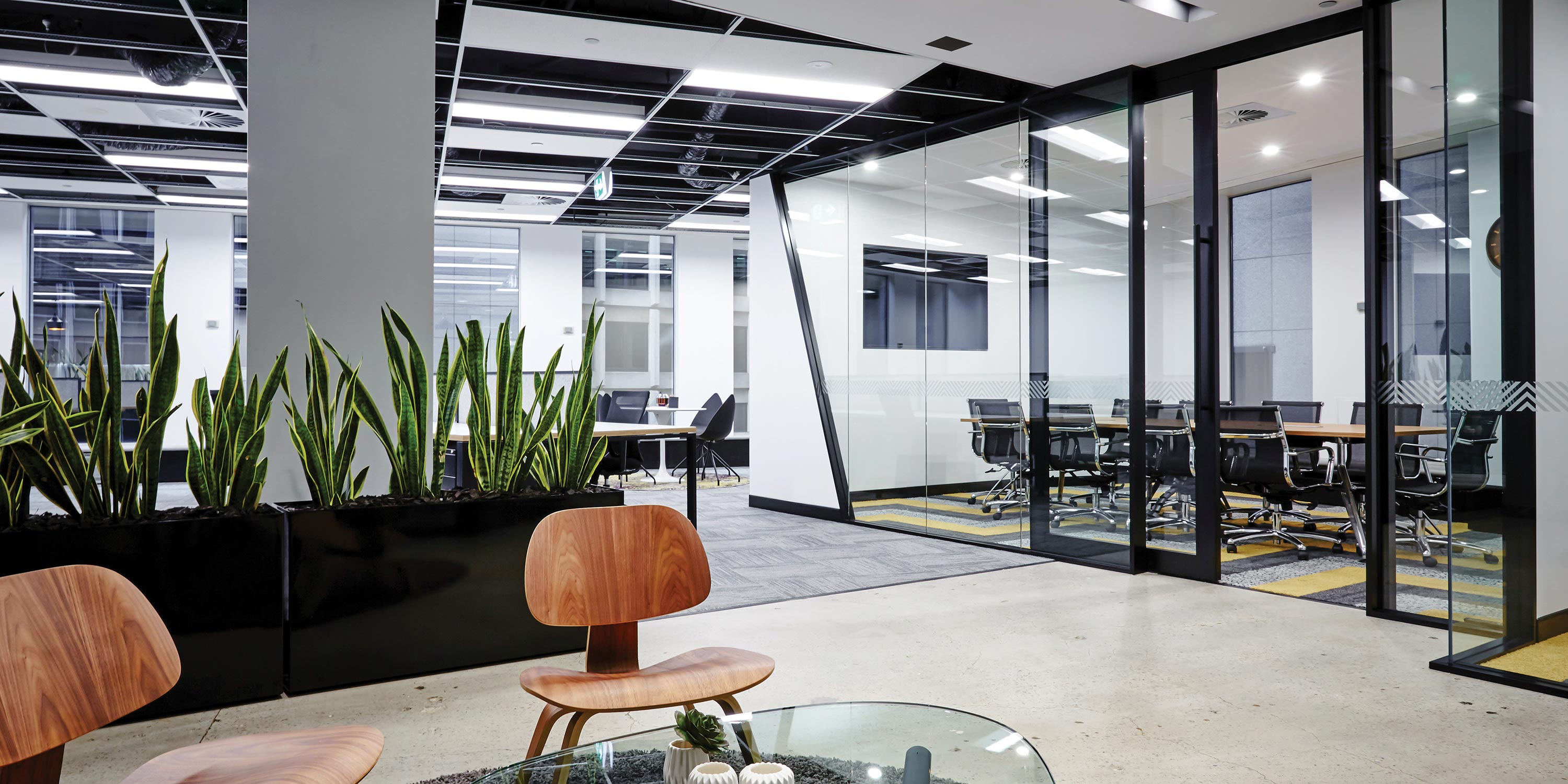 Modern office lounge with glass meeting rooms, plants, and contemporary seating