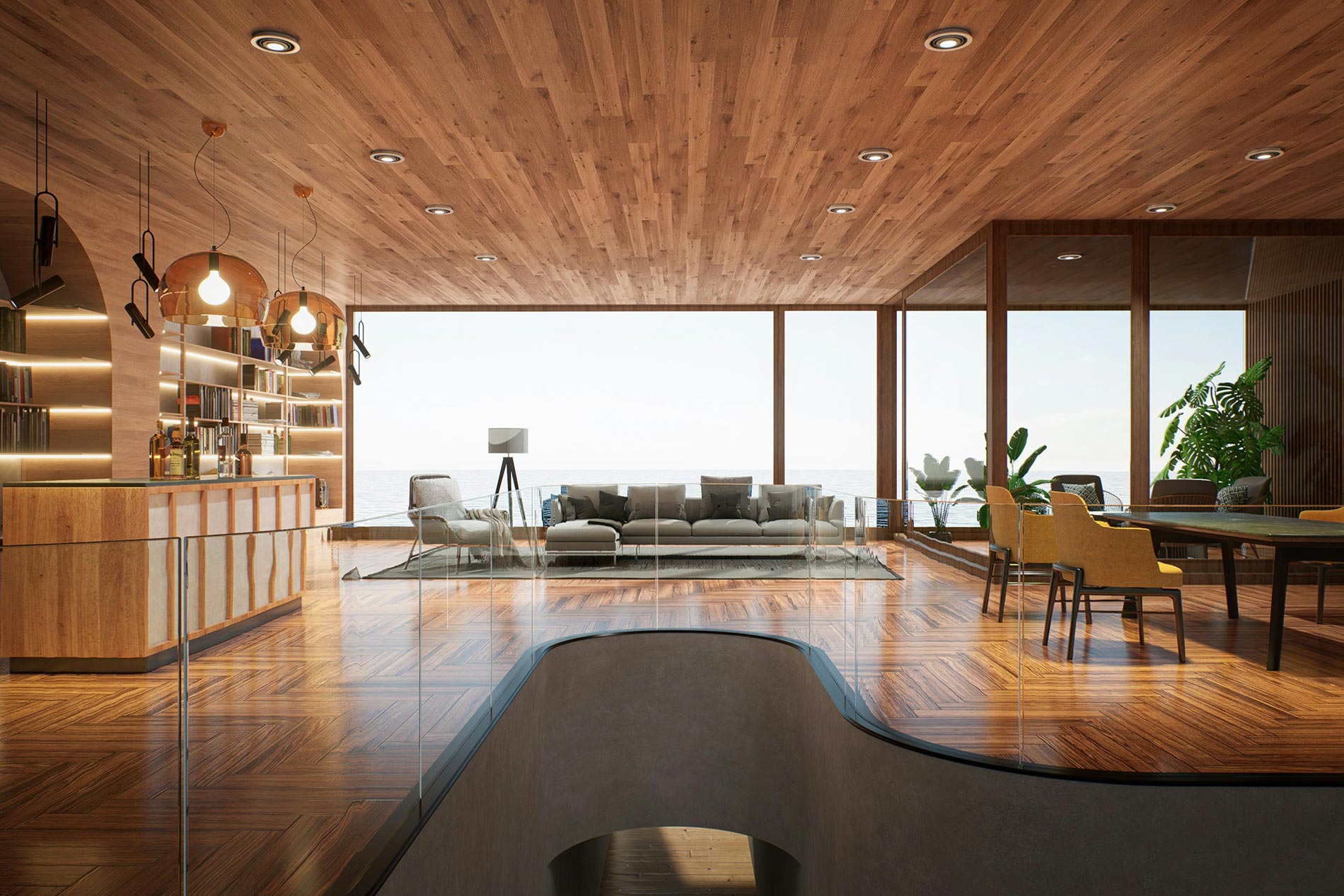 Open plan living space with wood floors, bar area, seating, and ocean view
