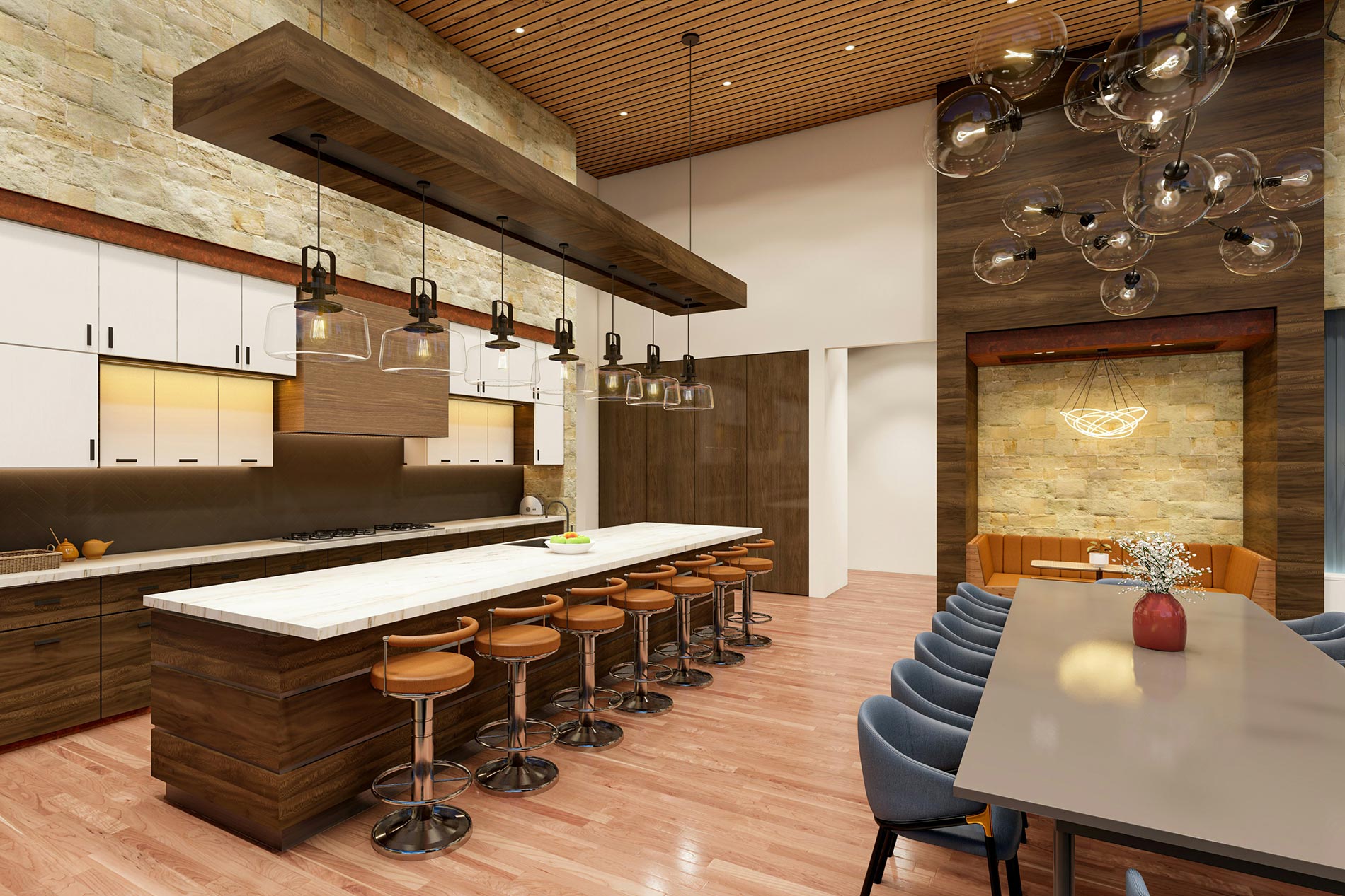 Modern kitchen and dining area with pendant lighting, island seating, and stone accents