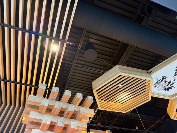 Industrial open ceiling featuring track lighting and wooden architectural fixtures