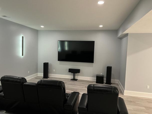 Modern media room with black leather theater seating and flat screen television