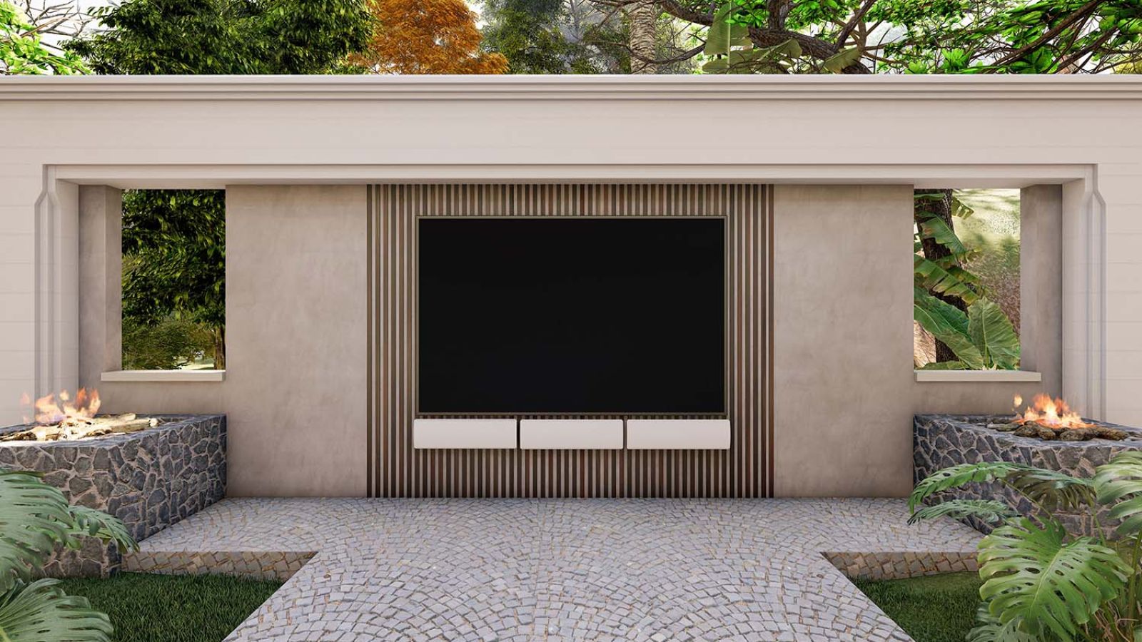 A modern outdoor entertainment space featuring a large built-in TV, sleek architectural design, stone fire pits on either side, and lush greenery surrounding the area.