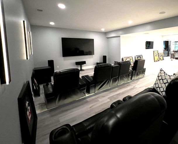 Home theater room showing rows of black leather recliners and large display screen on wall